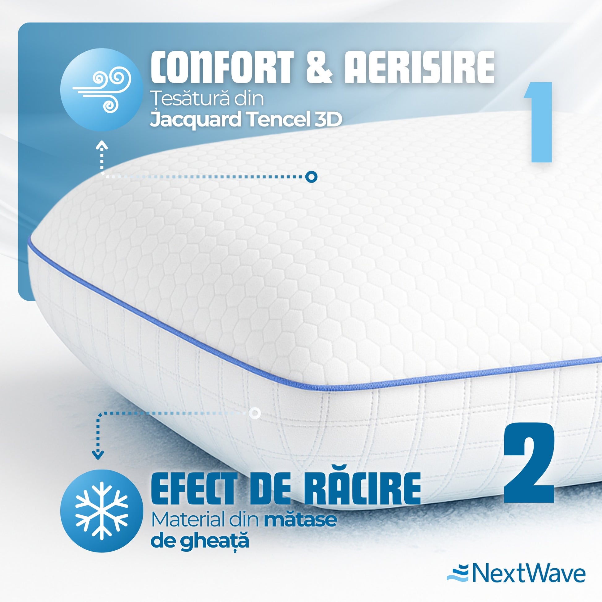 Perna ortopedica pentru dormit NextWave, Spuma cu Memorie cu gel ventilata, Husa detasabila cu 2 zone termice, ergonomica – imaginea 8
