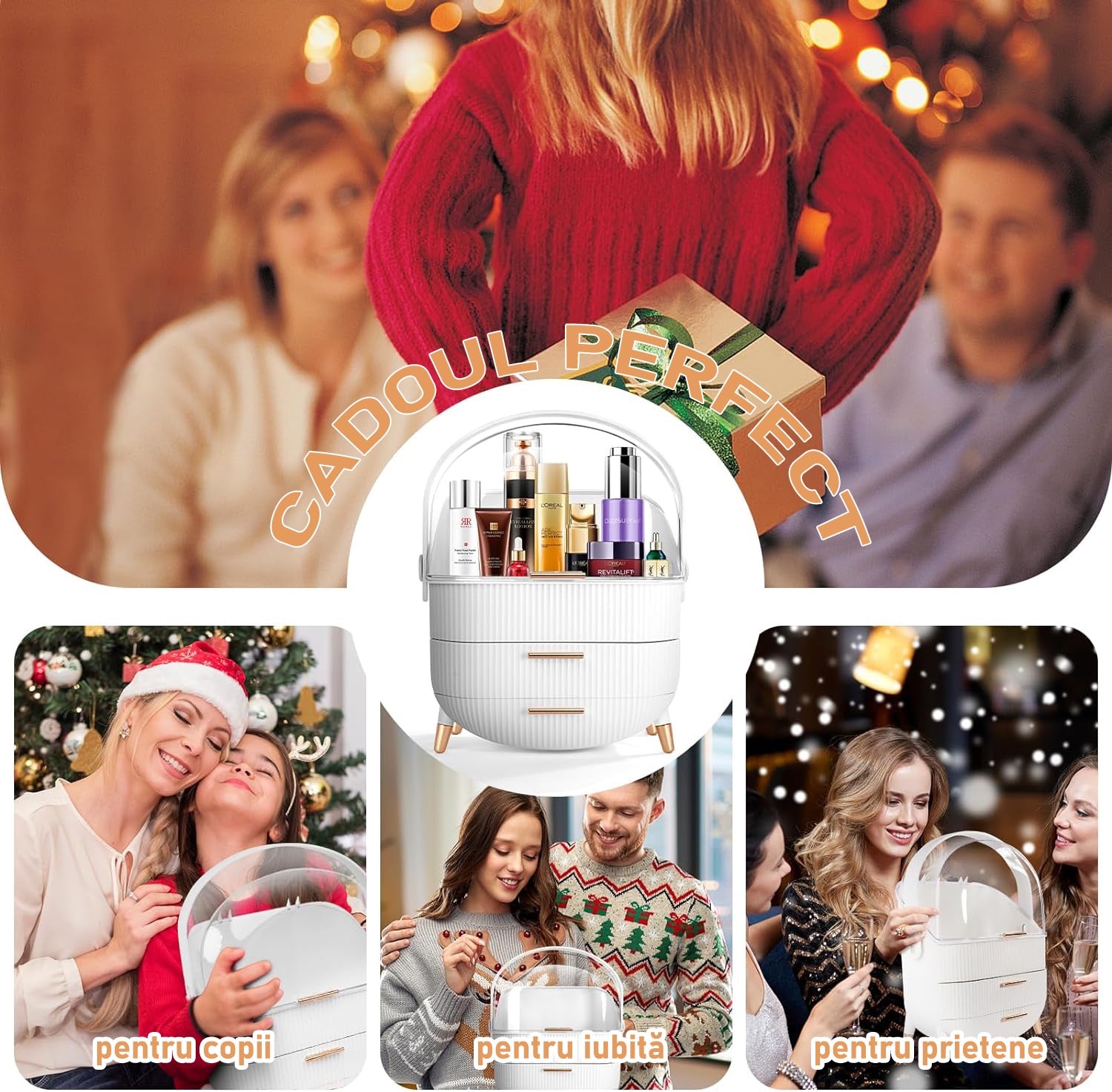 Organizator pentru cosmetice si bijuterii NextWave®, spatiu depozitare cu 2 sertare, vitrina, cutie pensule si rujuri – imaginea 8