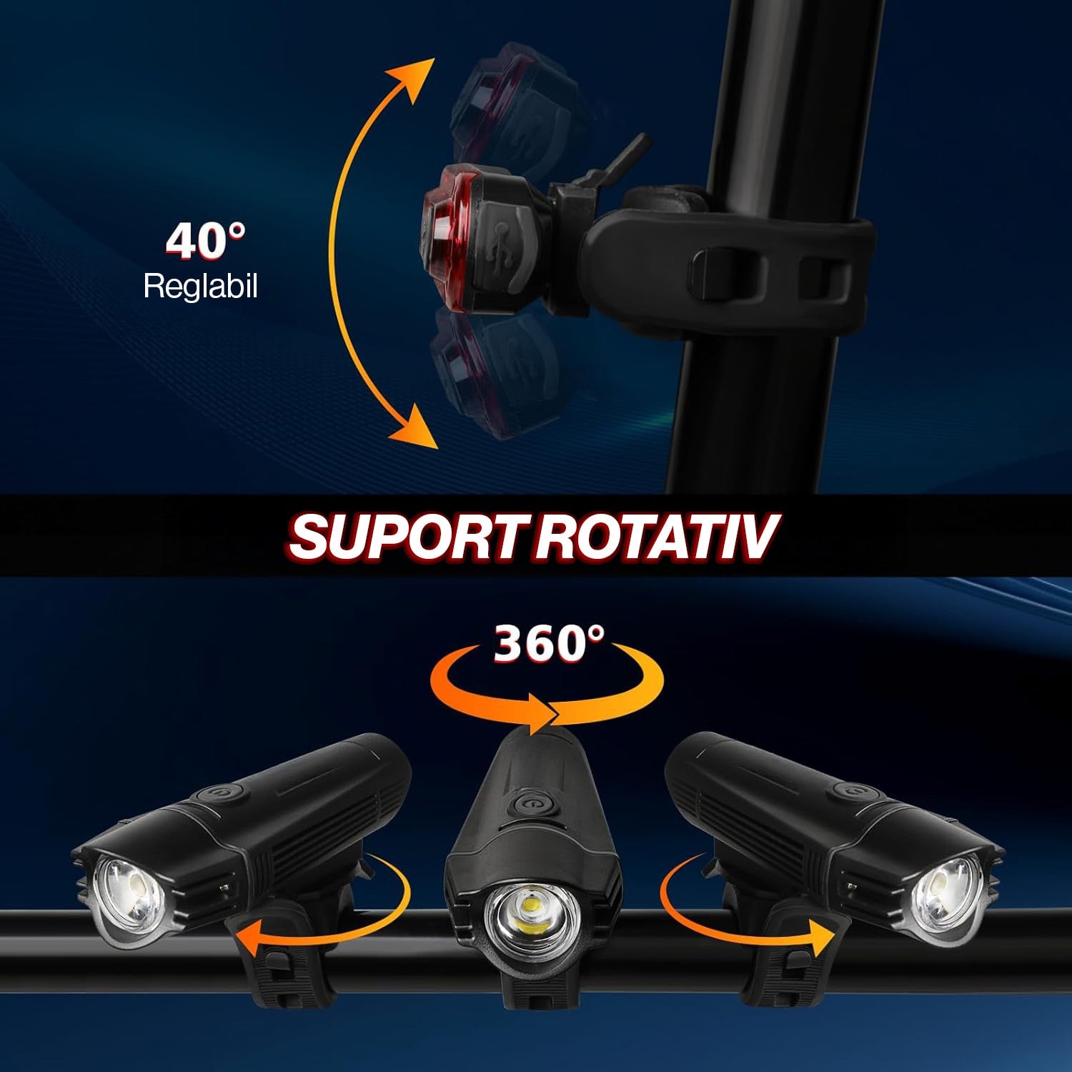 Set Lumini Bicicleta, Trotineta Fata Spate BeGenius®, Far si Stop Reincarcabil USB, Far 4 Moduri si Stop cu 4 Moduri de – imaginea 8