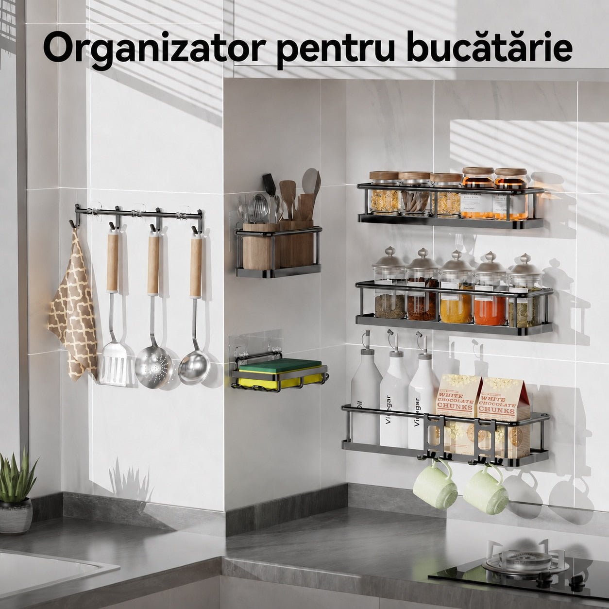 Raft de baie NextWave® la set, 6 piese cu 3 etajere mari, 1 raft compact, suport pentru sapun si sistem cu carlige, montare – imaginea 8