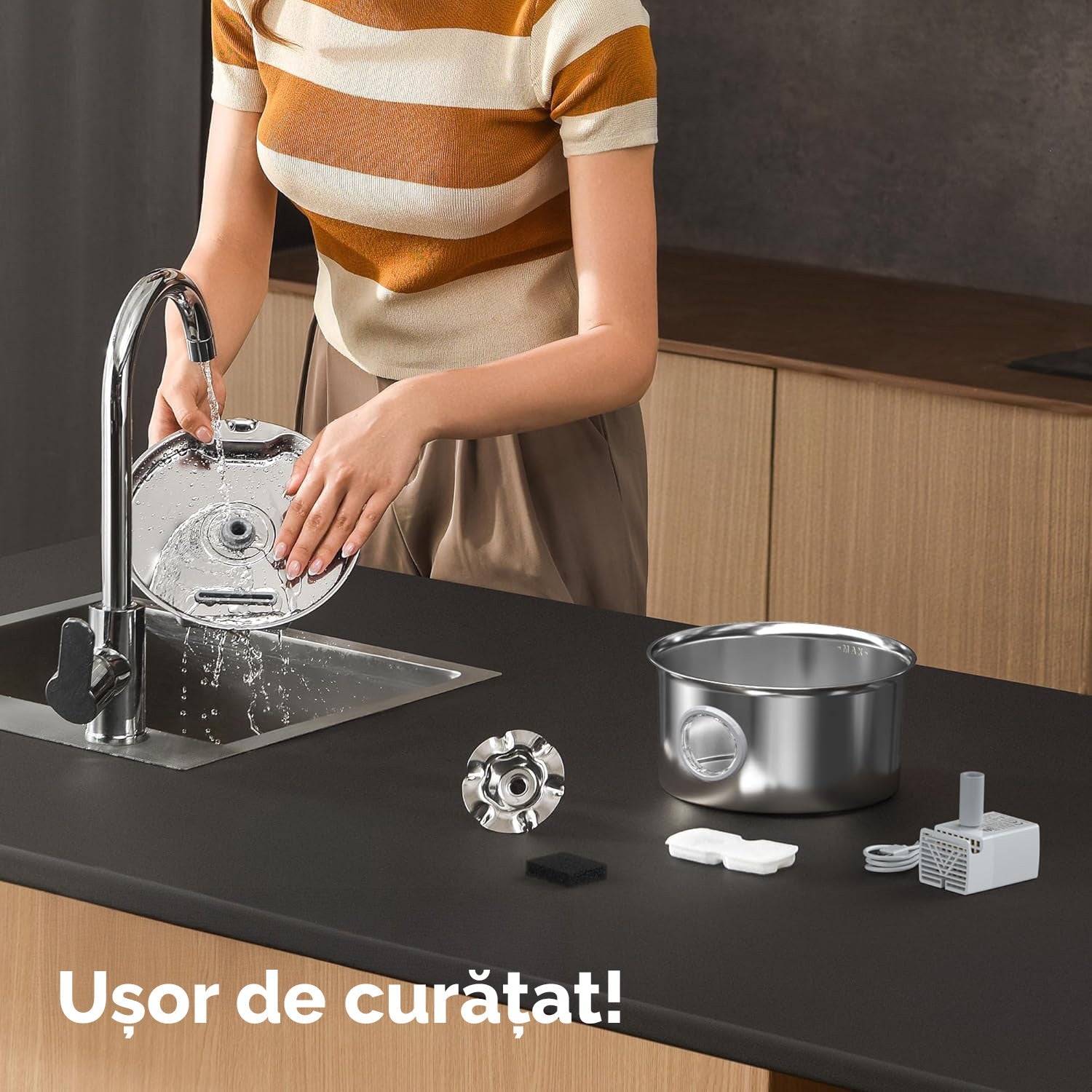 Fantana Apa Pisici si Caini NextWave®, Dispenser Automat din Otel Inoxidabil, Capacitate 2.6L, Fereastra Nivel Apa, Jet – imaginea 8