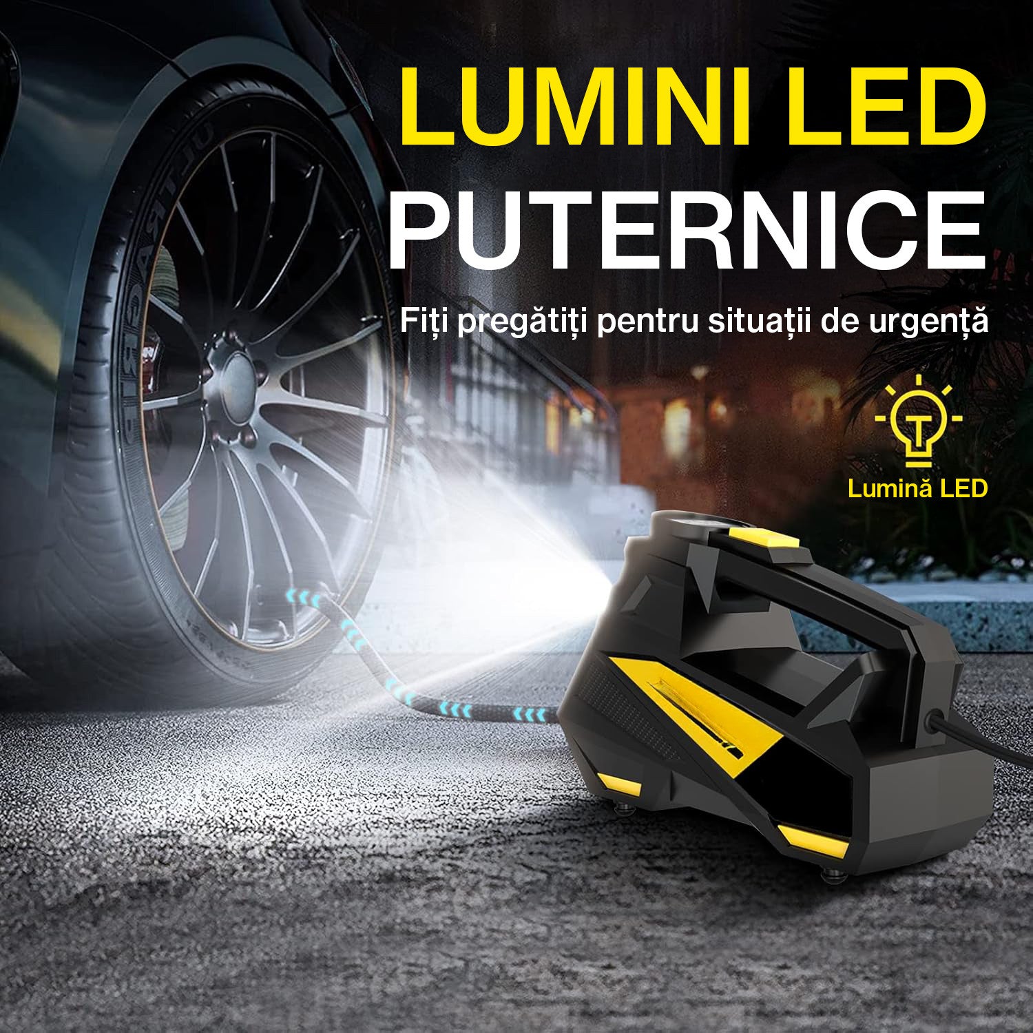 Compresor auto portabil NextWave 12V, manometru digital, 150 PSI, galben-negru – imaginea 8