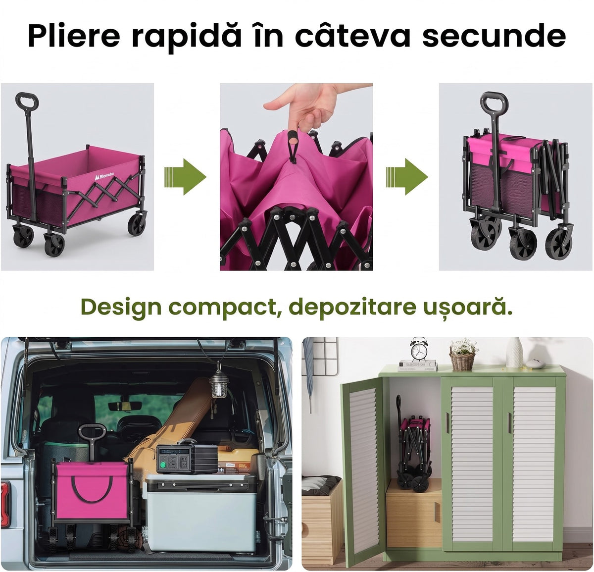 Cărucior pliabil NextWave®️, transport ușor și pliere compactă, roți rotative 360° pentru orice teren, mâner telescopic – imaginea 8