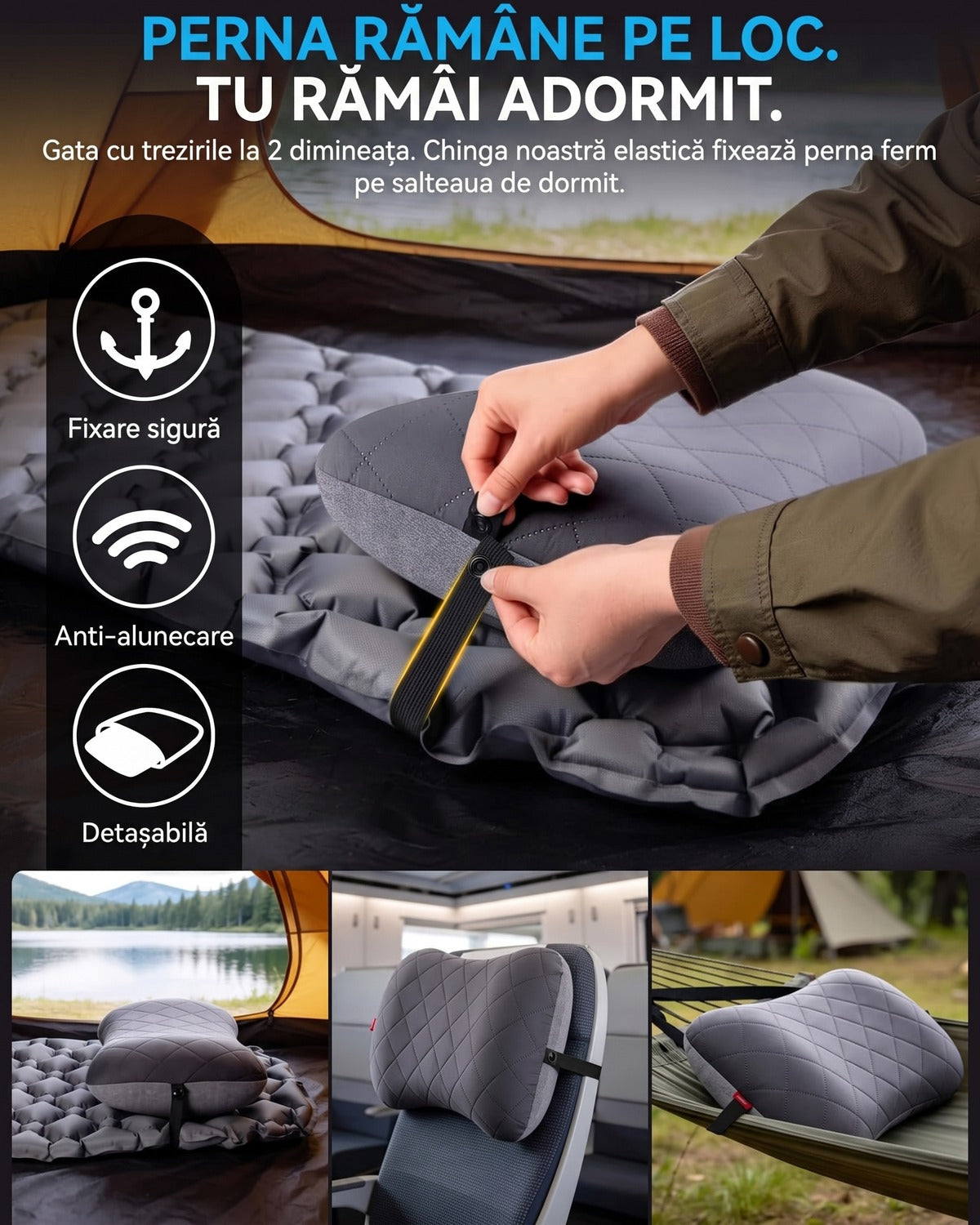 Pernă gonflabilă de camping NextWave®️, suport cervical ergonomic, supapă One-Click de umflare rapidă, bandă elastică – imaginea 8