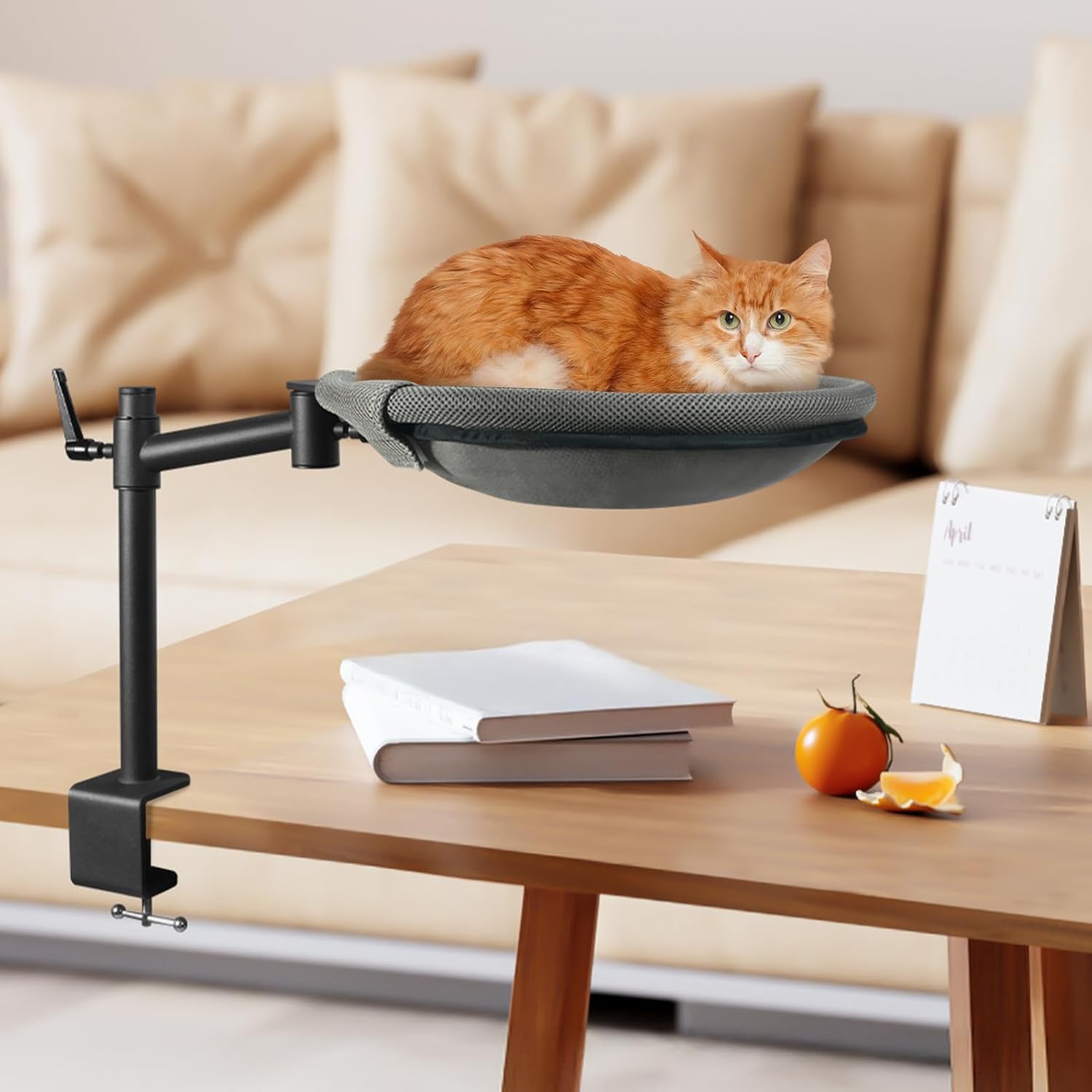 Pat suspendat pentru pisici NextWave®, hamac de birou cu prindere metalica fara gaurire, rotatie dubla la 360°, inaltime – imaginea 8
