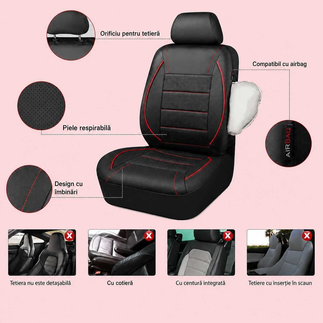 Set huse auto pentru scaune fata NextWave®, 4 piese, piele ecologica impermeabila cu burete moale de 5 mm, compatibile cu – imaginea 8