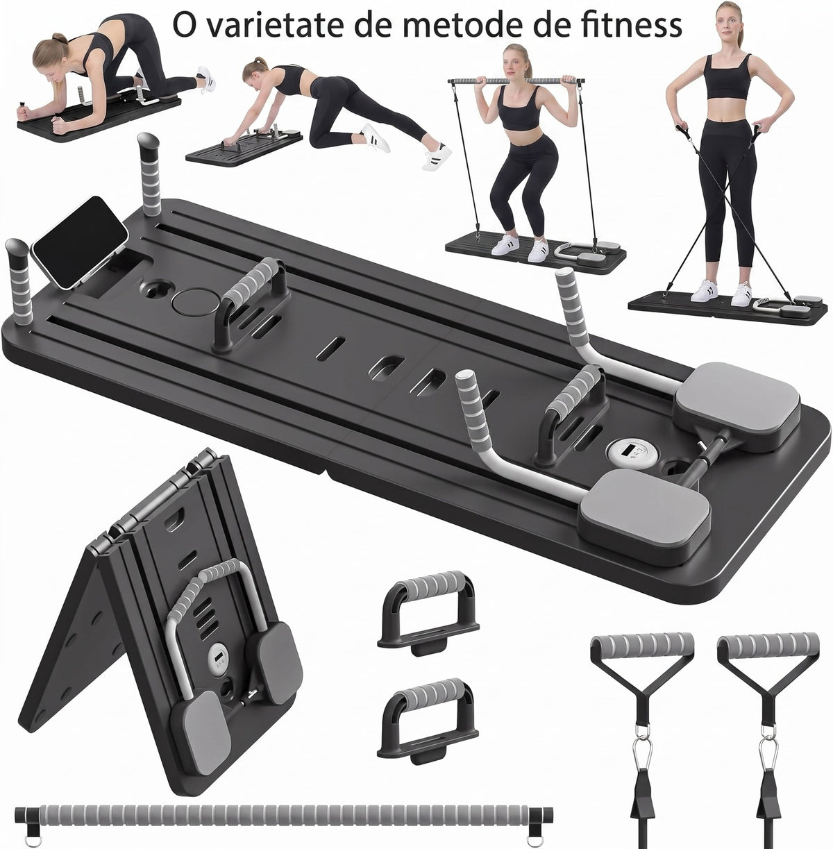 Placă Pilates Reformer NextWave®️, aparat fitness pliabil 5 în 1 pentru antrenament complet acasă, benzi elastice de – imaginea 8