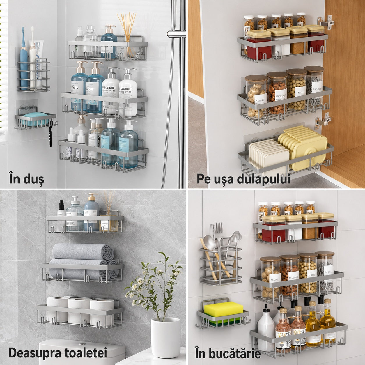 Raft de baie NextWave®, set 5 piese cu 3 etajere pentru dus, 1 suport pentru sapun si 1 suport pentru periute de dinti, din – imaginea 8