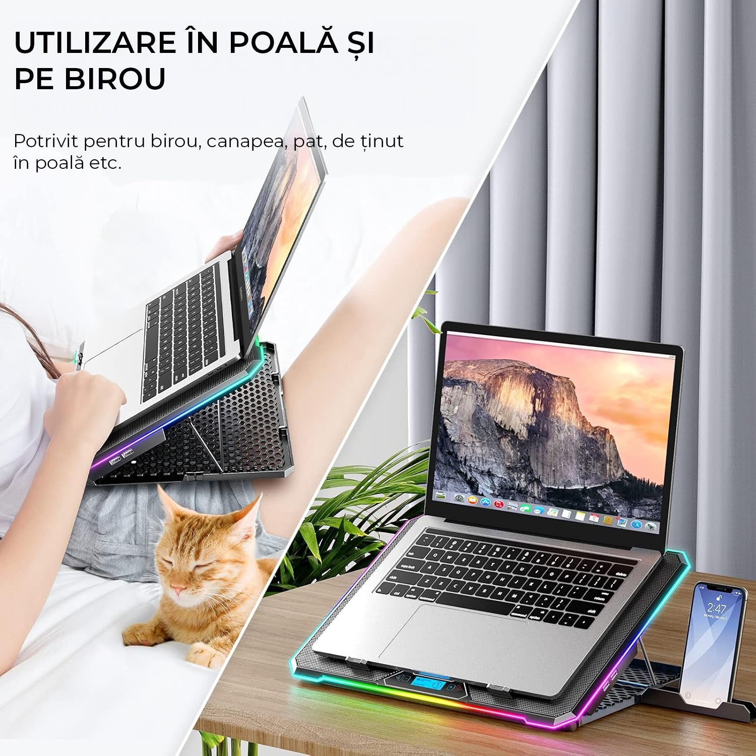 Stand De Racire pentru Laptop BeGenius® cu Suport pentru Telefon, 6 Ventilatoare ultra Silentioase, Cooler Laptop Gaming – imaginea 8