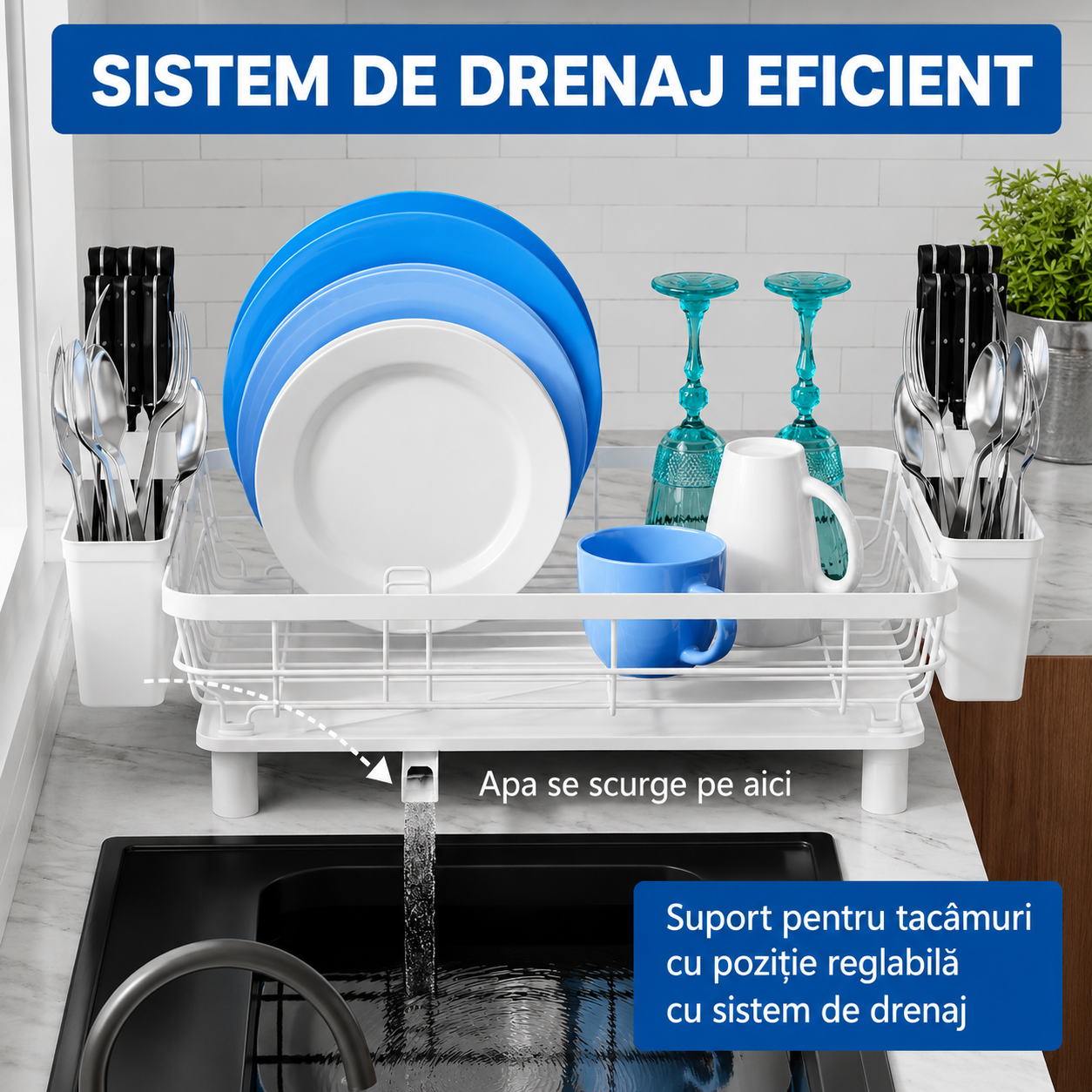 Scurgator vase cu suport scurgere automata NextWave®️, Suport pentru vase, multifunctional, suport pentru tacamuri si – imaginea 8