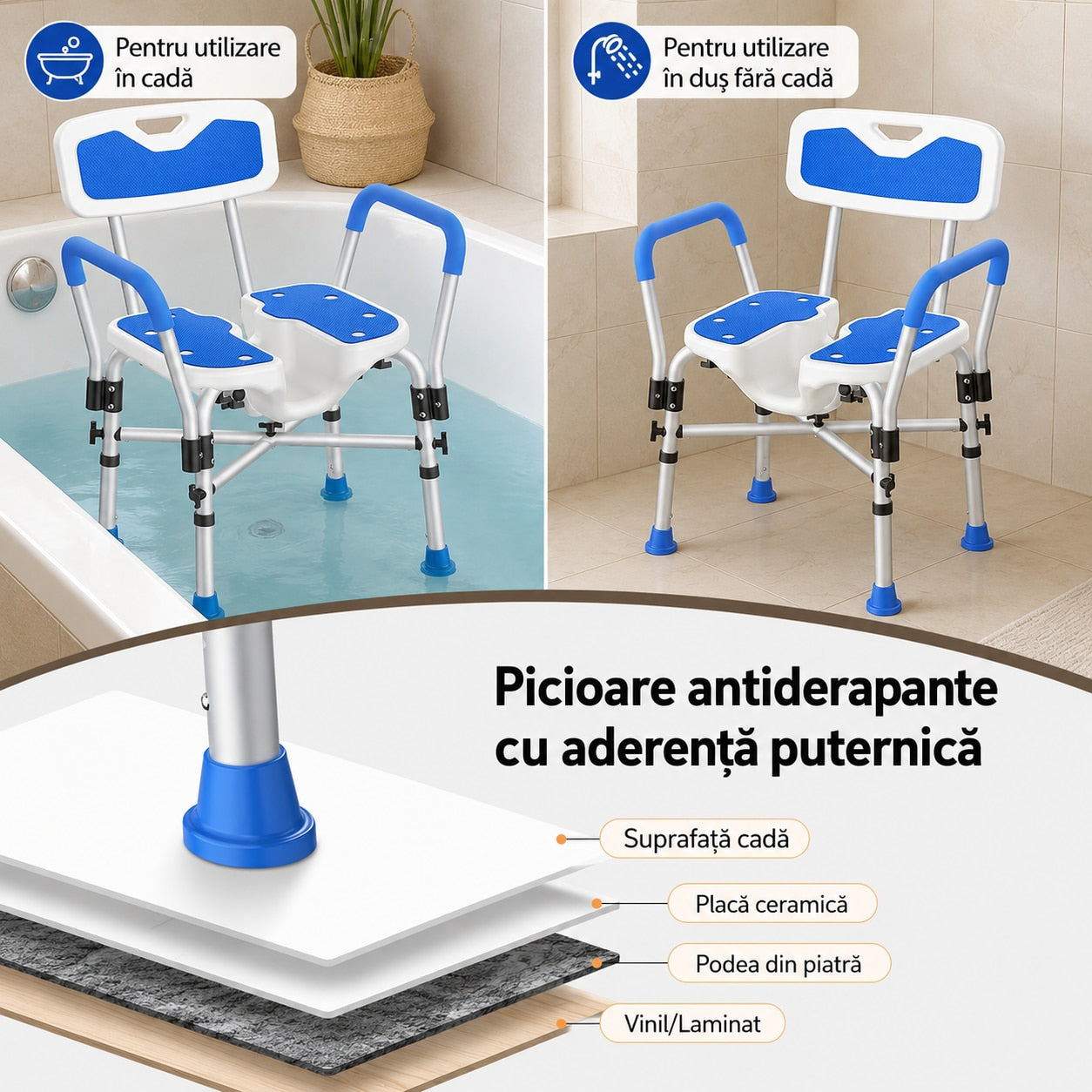 Scaun de dus NextWave®, reglabil pe inaltime, cu spatar, cotiere si sezut moale captusit cu EVA, scaun de baie pentru – imaginea 8