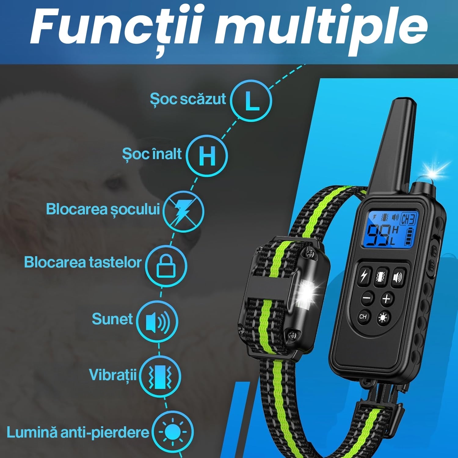 Zgarda Electrica pentru Dresaj Caini, 7 moduri de Dresaj, 99 Nivele de Vibratii, Reincarcabila, Ghid Dresaj, Raza Actiune – imaginea 9