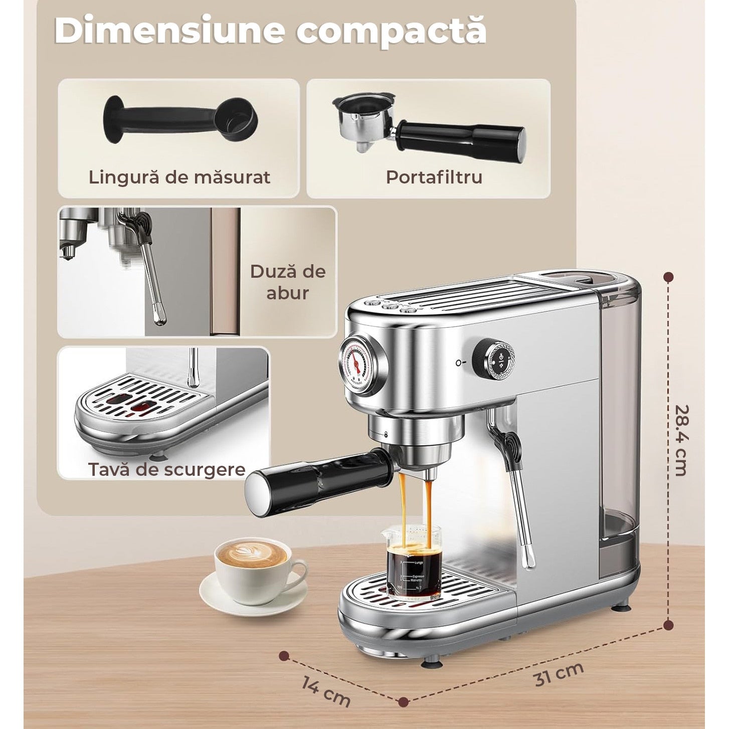 Espressor profesional NextWave® 20 bari, 1350W, rezervor 1.3L, din otel inoxidabil, spumator lapte integrat, functii – imaginea 9