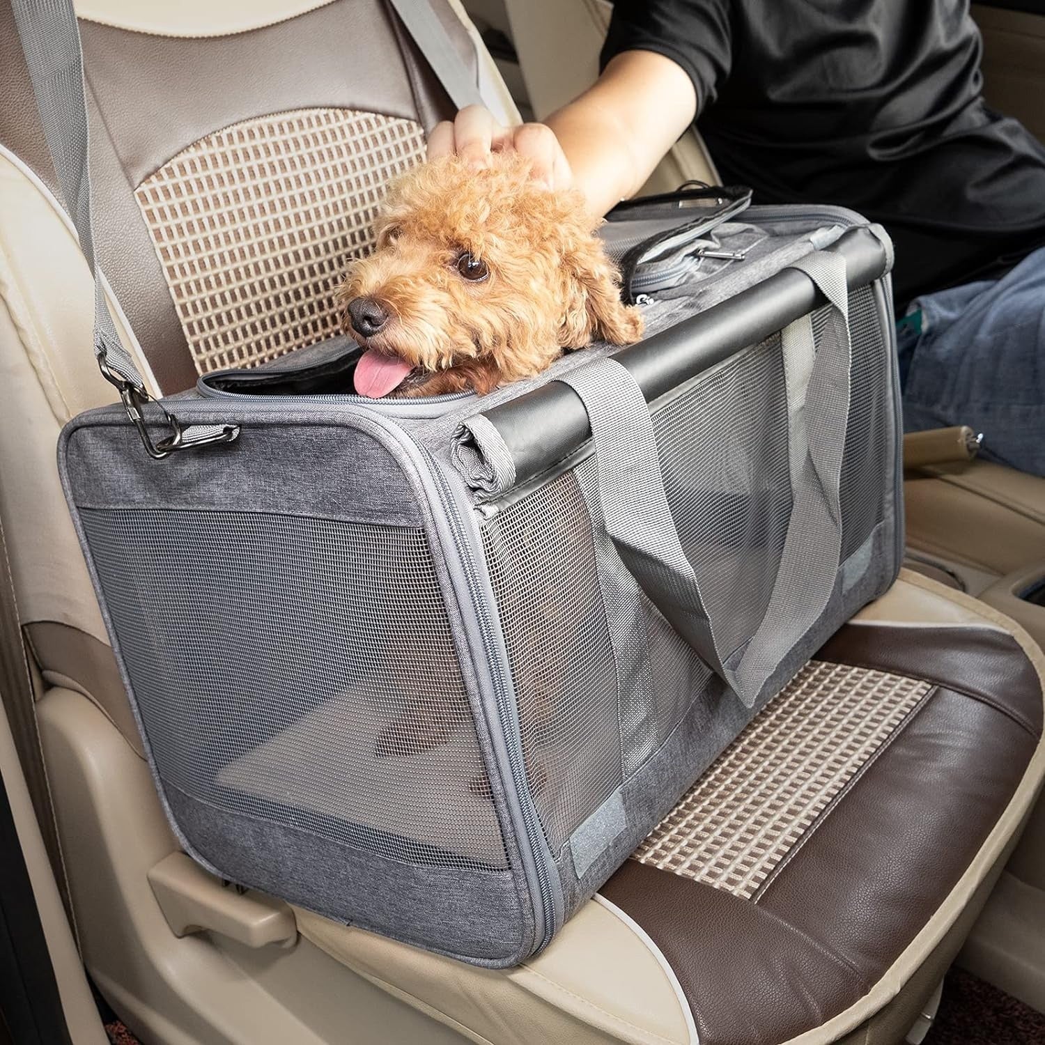 Geanta pentru transport animale mici NextWave®, pisica, caine, iepure, din panza, 46x30x30, Baza rezistenta cu covoras, Usor – imaginea 9