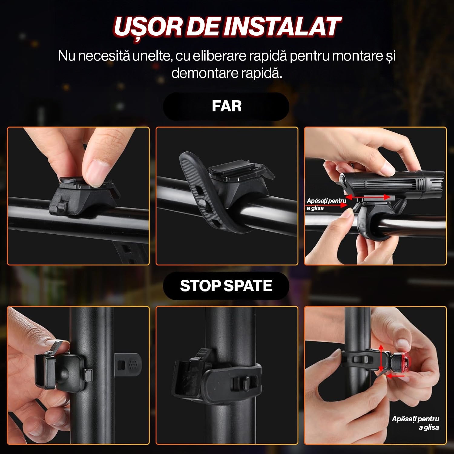 Set Lumini Bicicleta, Trotineta Fata Spate BeGenius®, Far si Stop Reincarcabil USB, Far 4 Moduri si Stop cu 4 Moduri de – imaginea 9