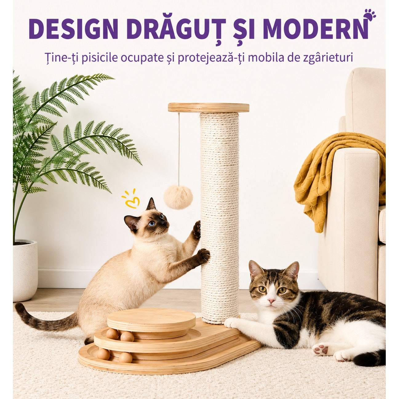 Stalp de zgariat pentru pisici NextWave®, cu sisal natural, baza interactiva stabila din placa pe baza de lemn, 4 mingi – imaginea 9