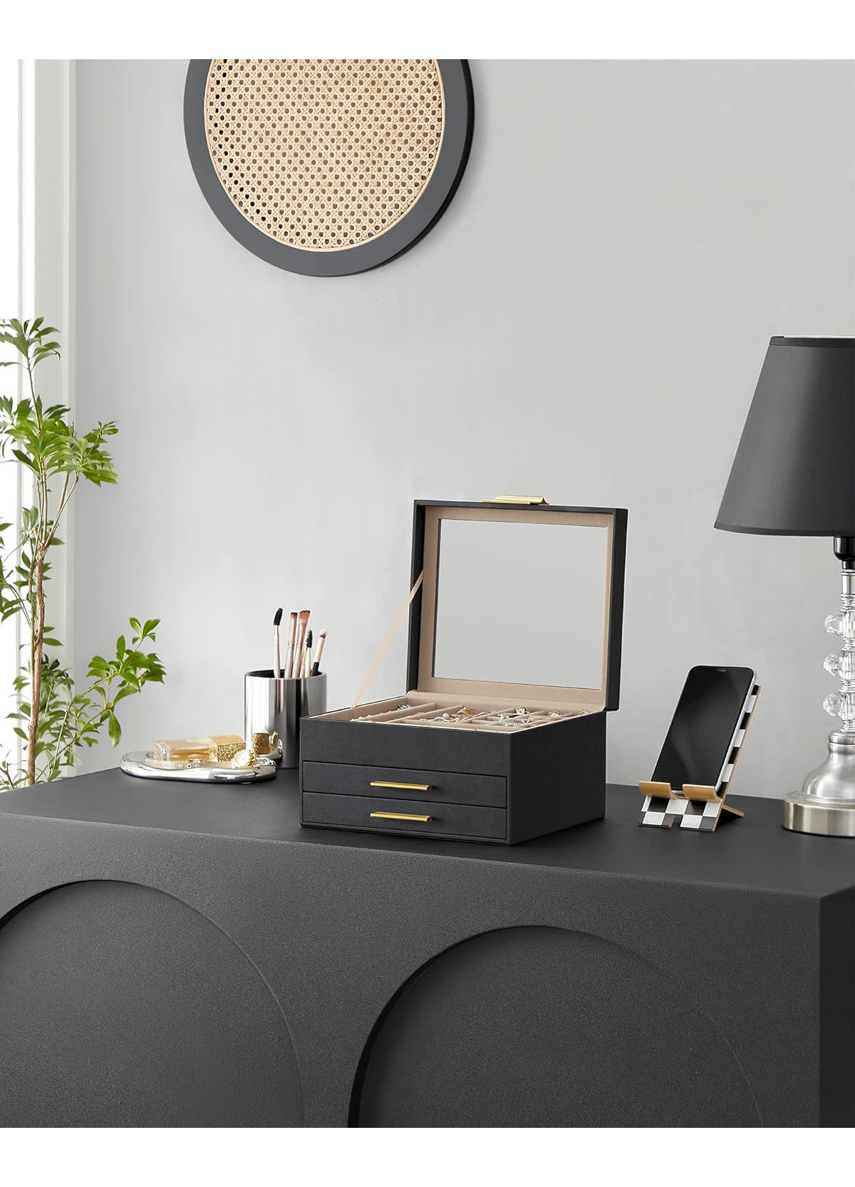 Cutie bijuterii NextWave, 3 niveluri, 2 sertare, piele ecologica neagra, 25x18x15cm – imaginea 9