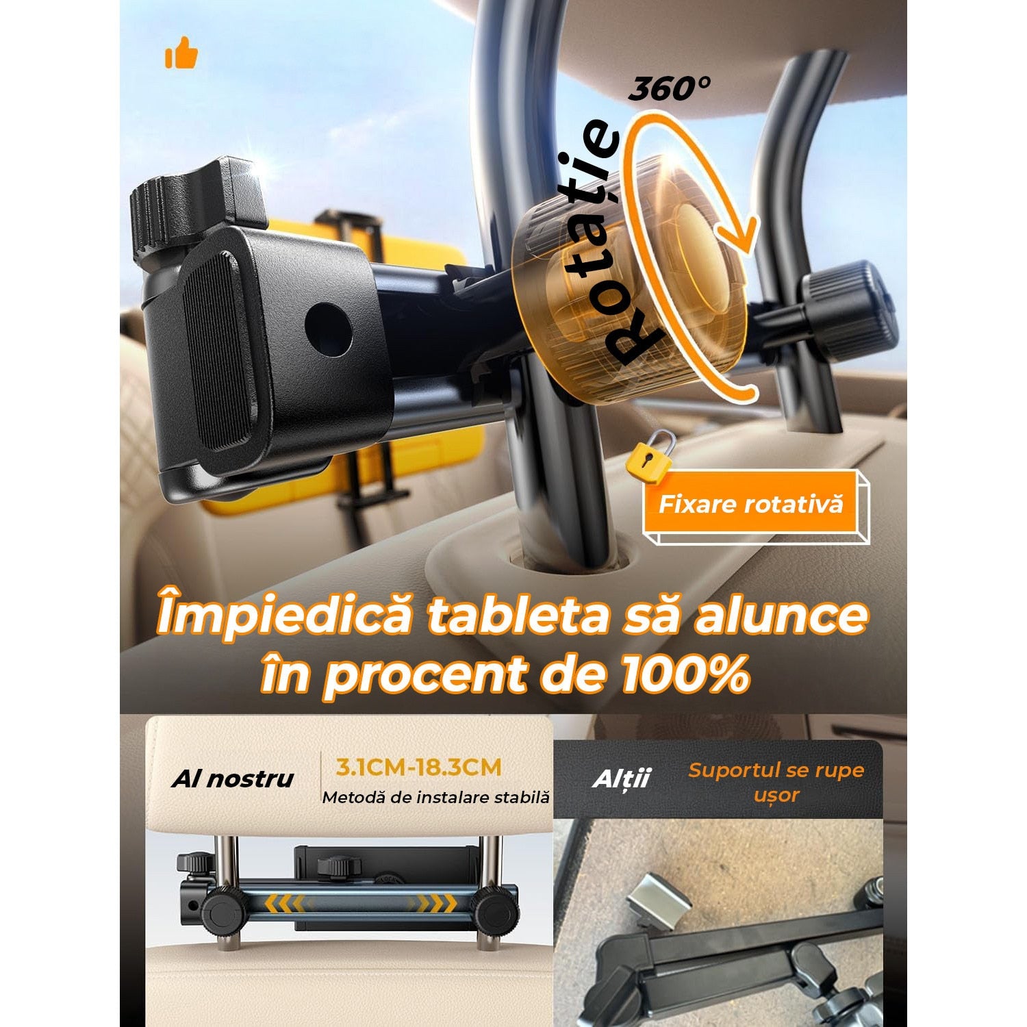 Suport auto tetiera NextWave®️, reglabil pe 3 axe pentru tablete si telefoane 4,7–11 inch, sistem metalic pliabil cu – imaginea 9