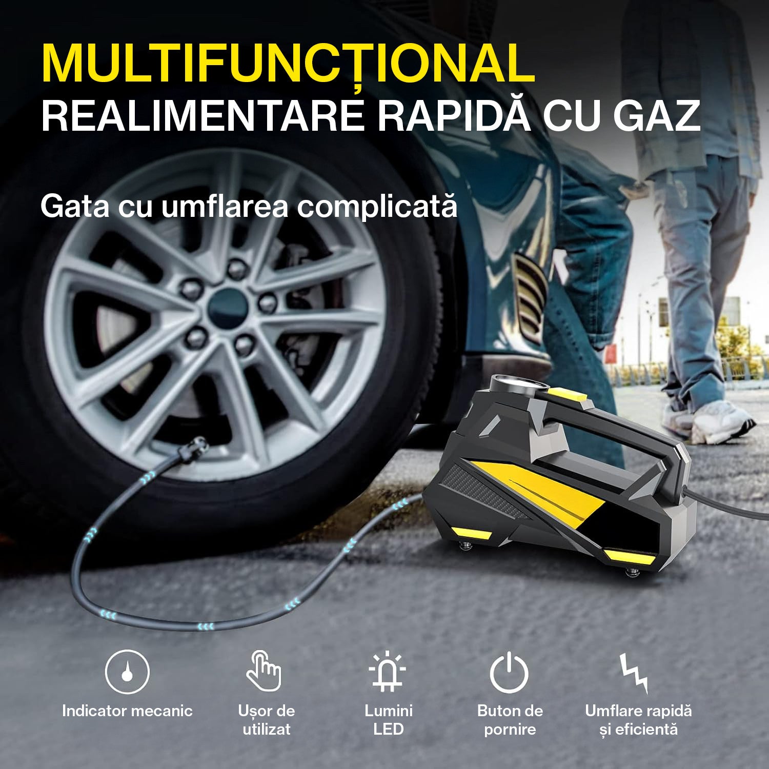 Compresor auto portabil NextWave 12V, manometru digital, 150 PSI, galben-negru – imaginea 9
