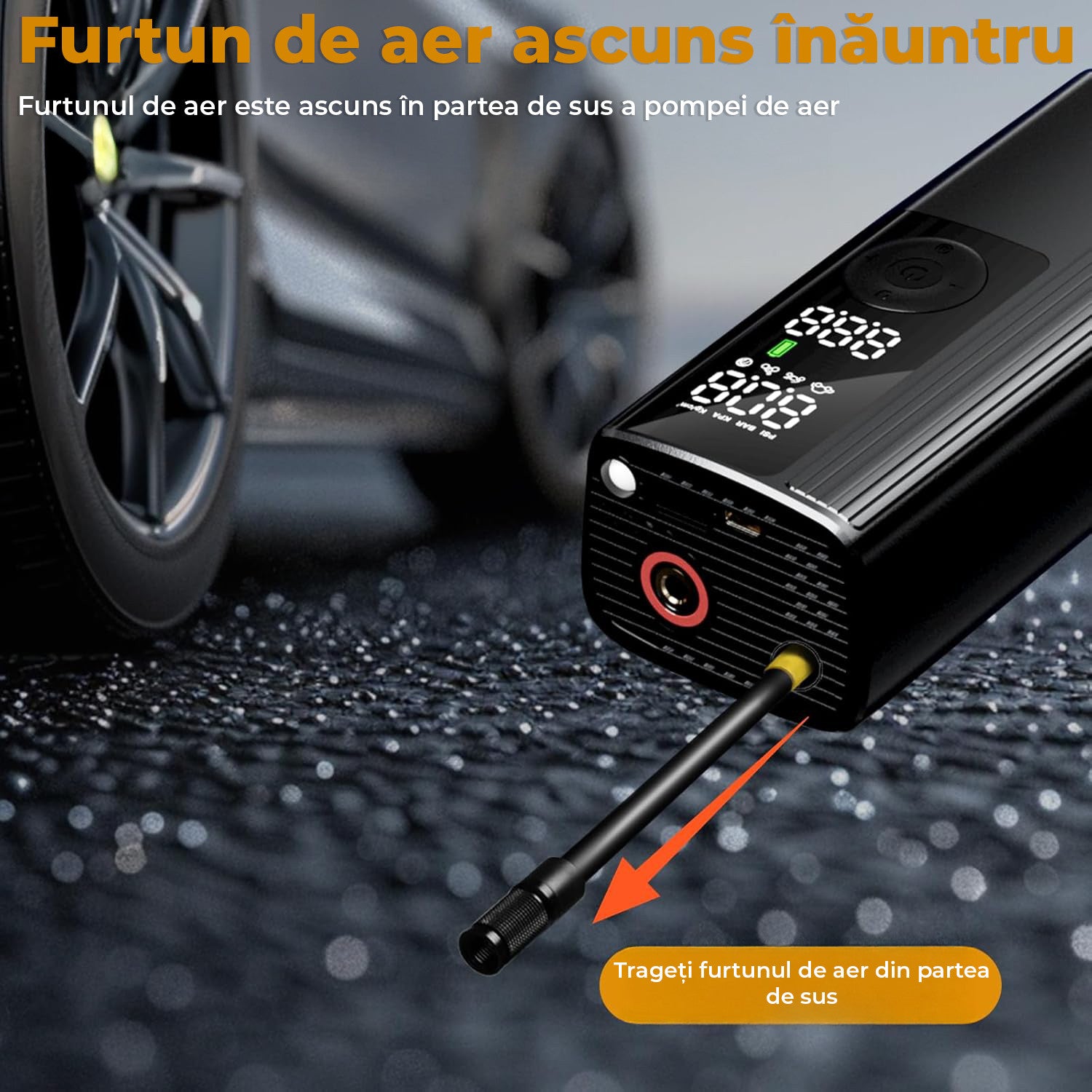 Compresor auto portabil NextWave, 150 PSI, manometru digital, iluminare LED, Negru, 22,2x8,4x14,2cm – imaginea 9
