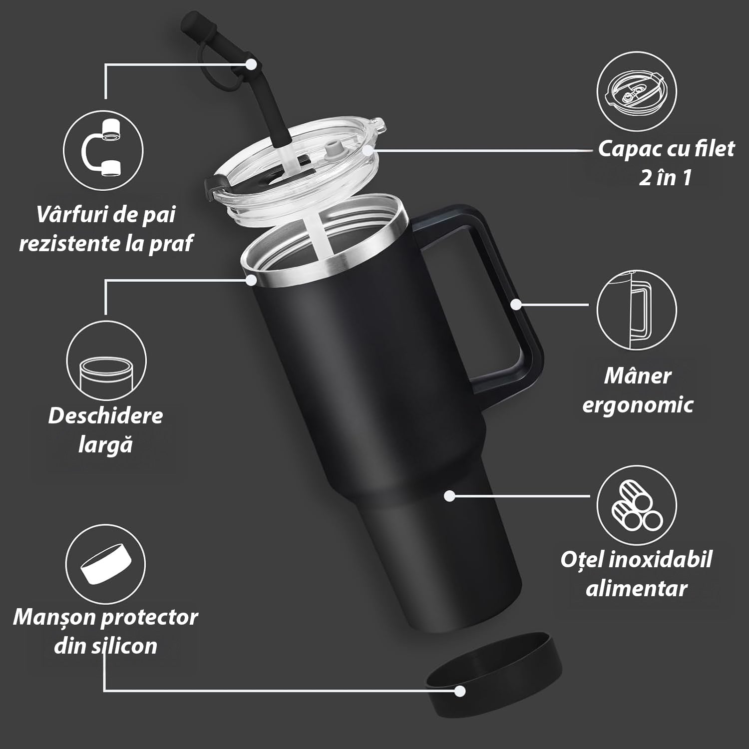 Cana termoizolanta NextWave, Otel inoxidabil, Negru, 1180 ml – imaginea 9