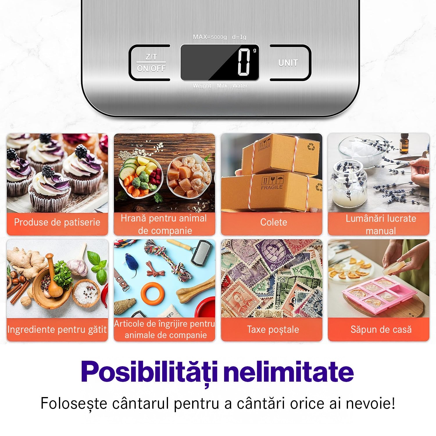 Cantar de bucatarie digital NextWave® din otel inoxidabil 304 – capacitate 5 kg cu precizie de 1 g, display LCD iluminat, 5 – imaginea 9