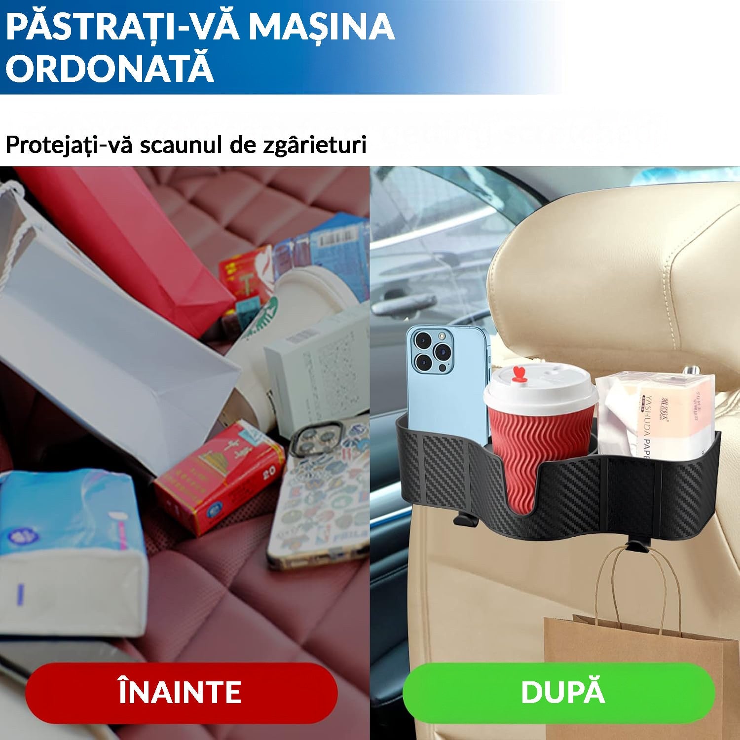 Set 2 Organizatoare Auto Spate NextWave®, 3-in-1 cu Suport Pahar, Depozitare Accesorii, Carlige Reglabile, Plastic Durabil – imaginea 9