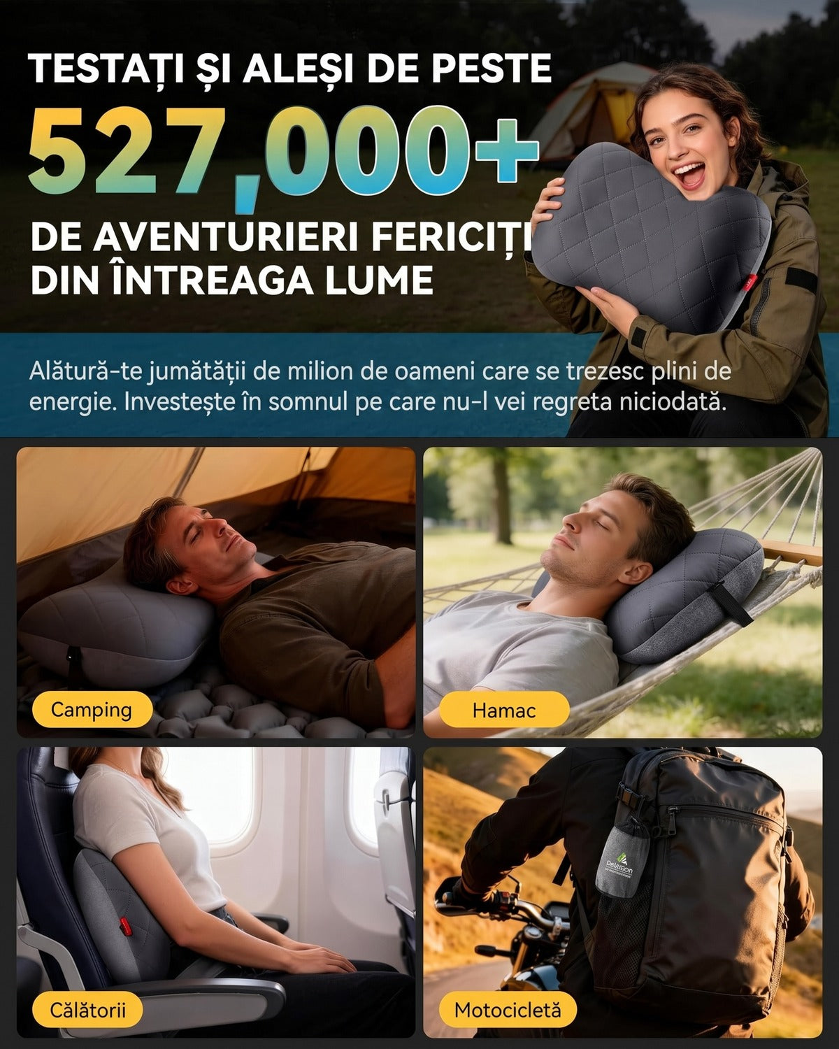 Pernă gonflabilă de camping NextWave®️, suport cervical ergonomic, supapă One-Click de umflare rapidă, bandă elastică – imaginea 9
