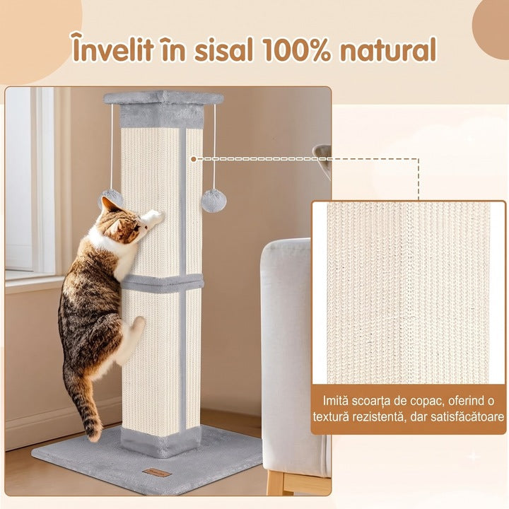 Ansamblu de joaca pentru pisici NextWave®, stalp pentru ascutit ghearelor, bila suspendata, confectionat din sisan natural rezistent la zgarieturi, inaltime mare de 81cm pentru protectia mobilierului, gri deschis