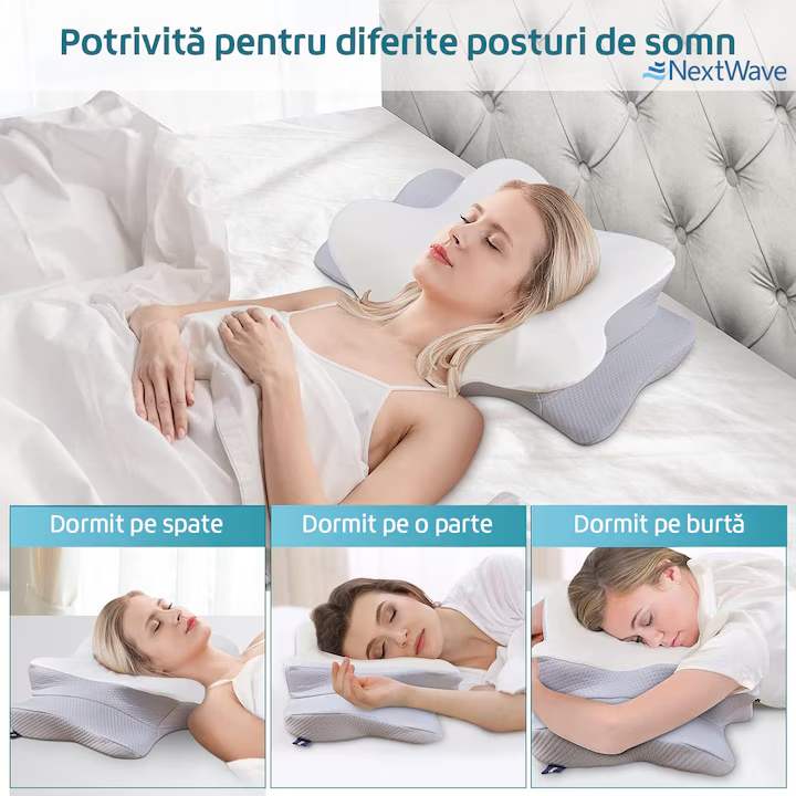 Perna ortopedica pentru dormit NextWave®, Spuma cu Memorie pentru suport Cervical, Ergonomica pentru Gat si Suport Cervical, Ideala pentru dormitul lateral, spate sau stomac, Husa detasabila lavabila Hipoalergenica