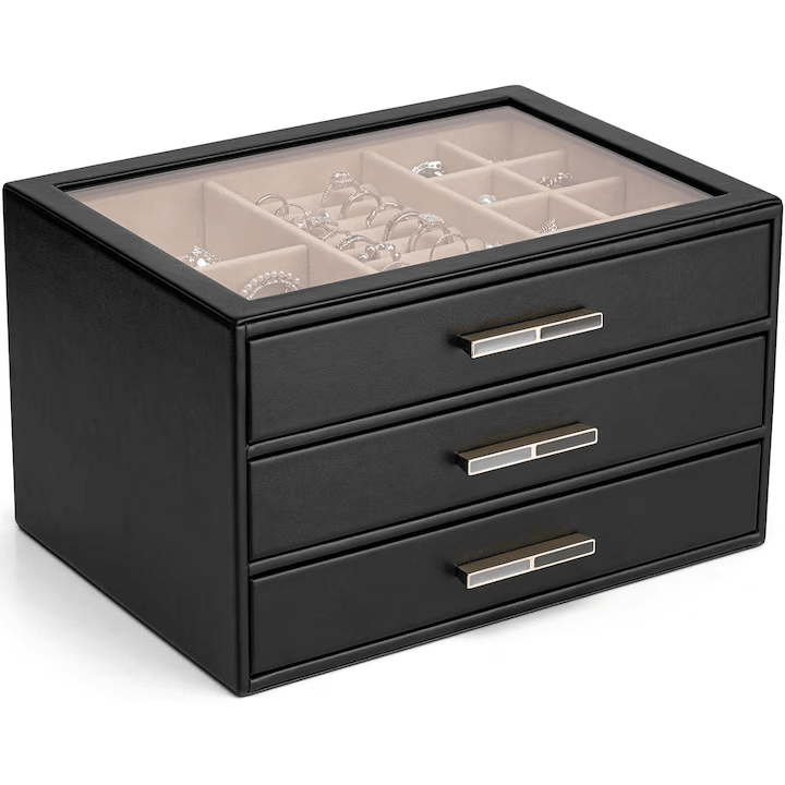 Cutie de bijuterii, organizator cu capac transparent, spatiu de depozitare 3 sertare pentru coliere, inele, cercei, lantisoare, bratari, interior catifelat, compartimentare multipla, piele ecologica neagra, 25 x 18 x 15 cm