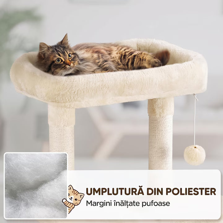 Ansamblu de Joaca pentru Pisici NextWave®, turn etajat stabil cu casuta confortabila, hamac lavabil, rampa si 7 stalpi de zgariat, din PAL, sisal natural si plus moale, pentru pisici mari si medii de interior, 77, 5x48, 3x160 cm, Bej