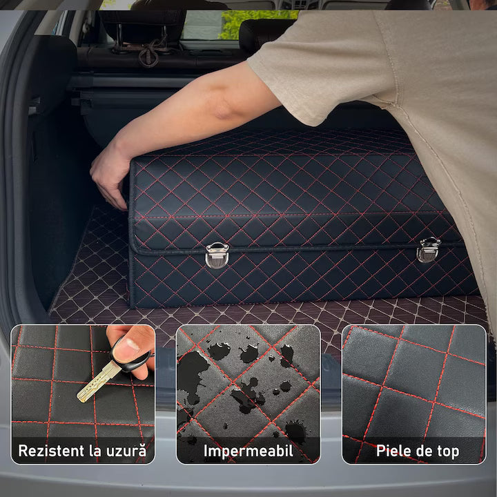 Organizator portbagaj auto Premium NextWave®️, Multifunctional, Pliabil, Rezistent, Manere Laterale, Prindere cu catarame, 3 compartimente mari, 75x31x30 cm, Rosu Negru