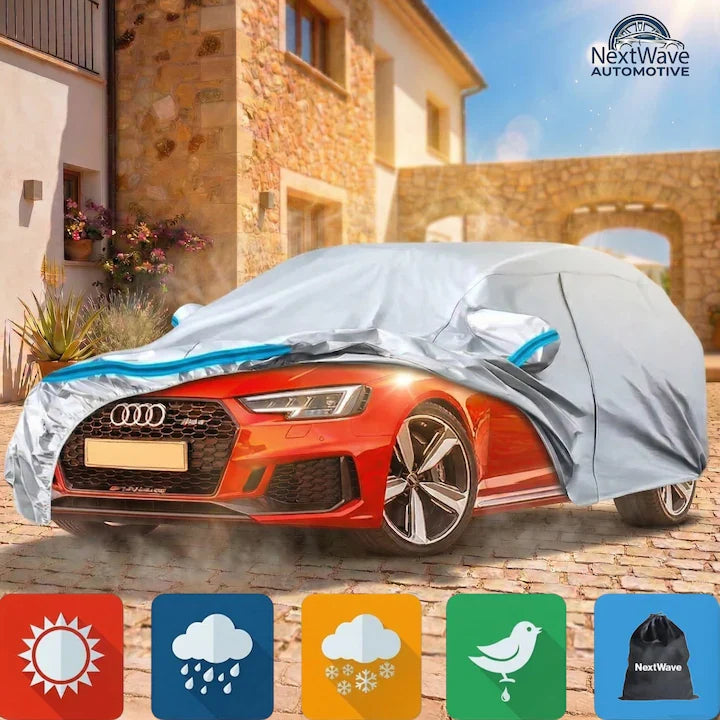 Prelata Auto Premium NextWave®️ ALBASTRU, Impermeabila, Protectie UV, Praf, Zapada, Inghet, Universala pentru Sedan, Buzunare Oglinzi, Fermoar Usa Sofer, Material Premium, Husa Saculet Depozitare, Albastru