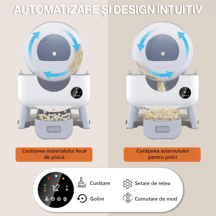 Litiera Automata Smart NextWave® pentru pisica, Auto-Curatare, Aplicatie Mobila, Sterilizare Automata UV, Senzori Ambientali, 76L+ 13L, 3 role saci, alb