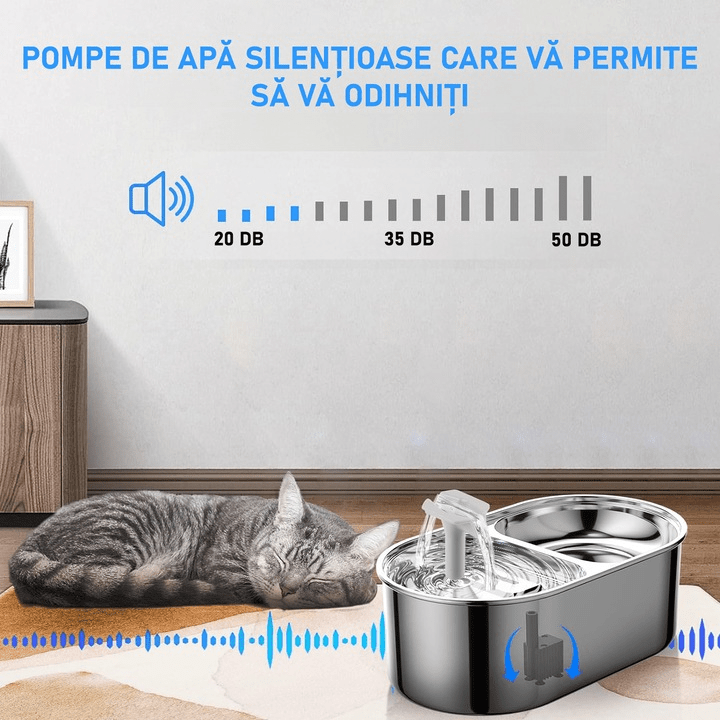 Dispenser apa automat cu Bol pentru mancare NextWave®, 2-1 tip fantana pentru pisici si caini, cu purificare si filtrare prin carbune activ, ultra-silentioasa, otel inoxidabil, capacitate 3L, USB, Argintiu