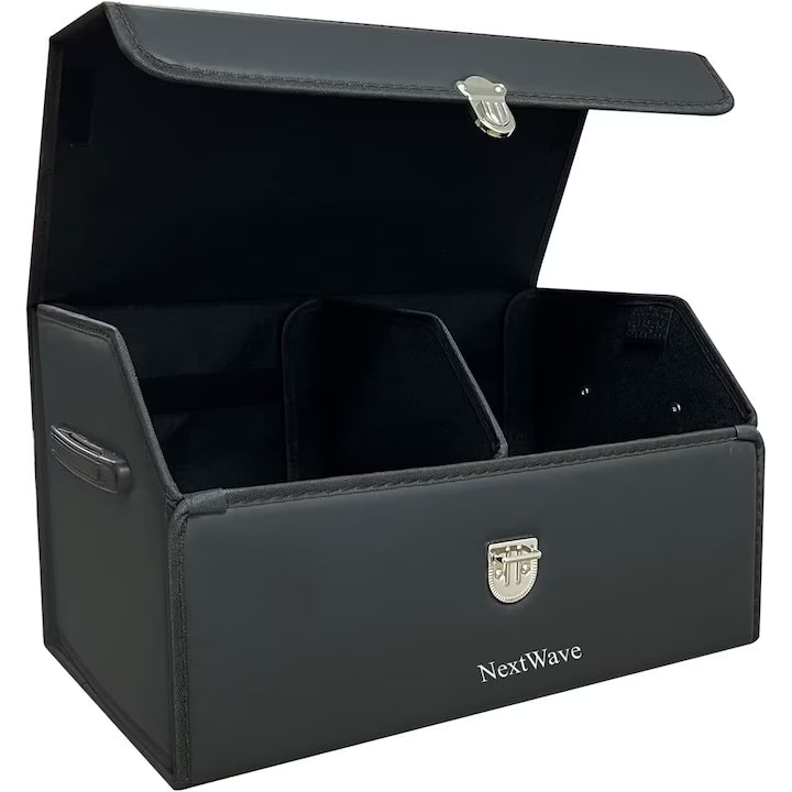 Organizator portbagaj auto Premium NextWave®️, Multifunctional, Pliabil, Rezistent, Manere Laterale, Prindere cu catarame, 2 compartimente mari, 53x31x30 cm, Negru