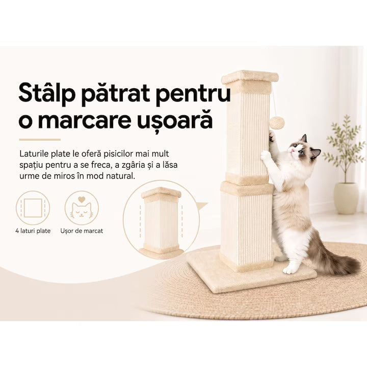 Ansamblu de joaca pentru pisici NextWave®, stalp pentru ascutit ghearelor, bila suspendata, confectionat din sisan natural rezistent la zgarieturi, inaltime mare de 81cm pentru protectia mobilierului, bej