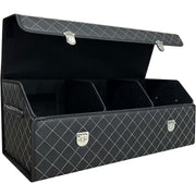 Organizator portbagaj auto Premium NextWave®️, Multifunctional, Pliabil, Rezistent, Manere Laterale, Prindere cu catarame, 3 compartimente mari, 75x31x30 cm, alb negru