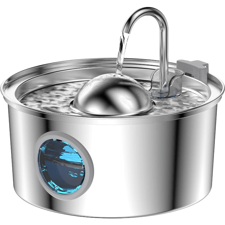 Dispenser apa automat tip fantana pentru pisici si caini, cu fereastra mare pentru nivelul apei, purificare si filtrare prin carbune activ, ultra-silentiosa, otel inoxidabil 304, model rotund, USB, adaptor priza, capacitate 3.2L, Argintiu