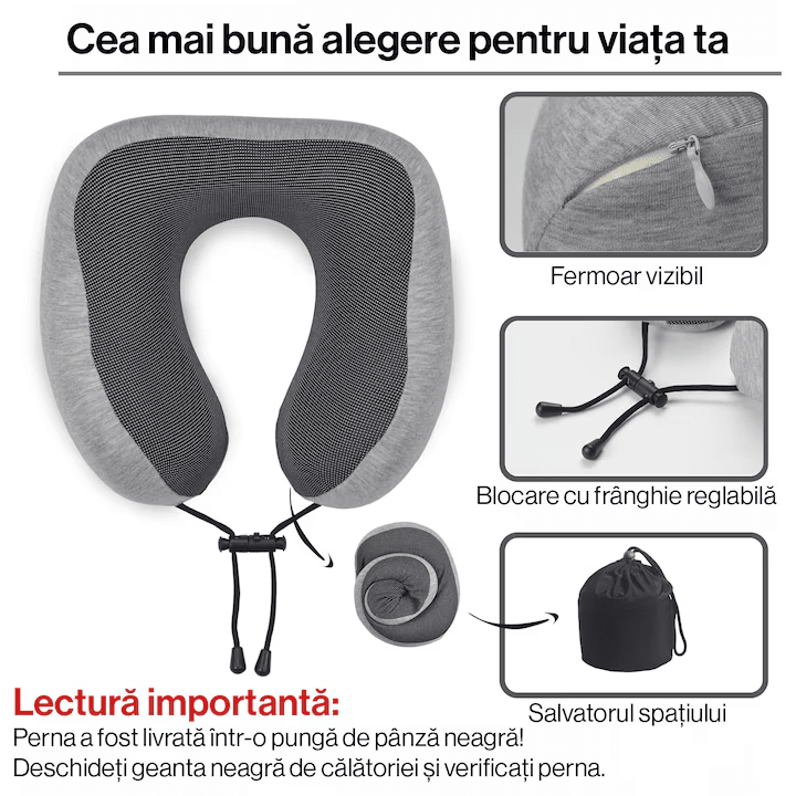 Perna de calatorie NextWave Spuma cu memorie Confort ergonomic pentru drumuri lungi Gri