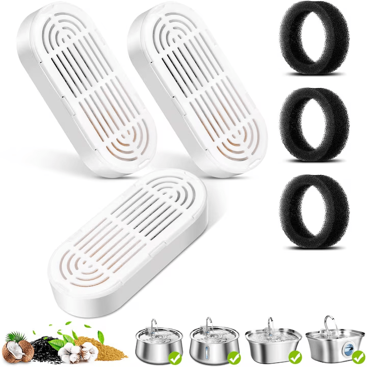 Set 12 filtre de rezerva pentru dispenser de apa tip adapator fantana pentru pisici si caini NextWave®️, purificare, elimina eficient impuritatile si firele de par, carbon activ, 6 filtre de bumbac si 6 bureti prefiltranti