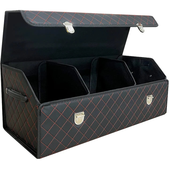 Organizator portbagaj auto Premium NextWave®️, Multifunctional, Pliabil, Rezistent, Manere Laterale, Prindere cu catarame, 3 compartimente mari, 75x31x30 cm, Rosu Negru