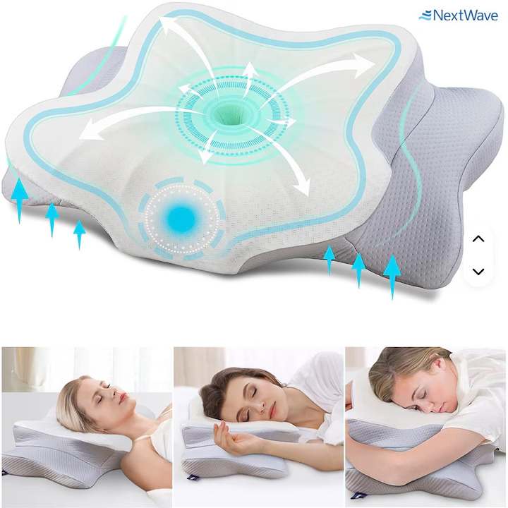 Perna ortopedica pentru dormit NextWave®, Spuma cu Memorie pentru suport Cervical, Ergonomica pentru Gat si Suport Cervical, Ideala pentru dormitul lateral, spate sau stomac, Husa detasabila lavabila Hipoalergenica