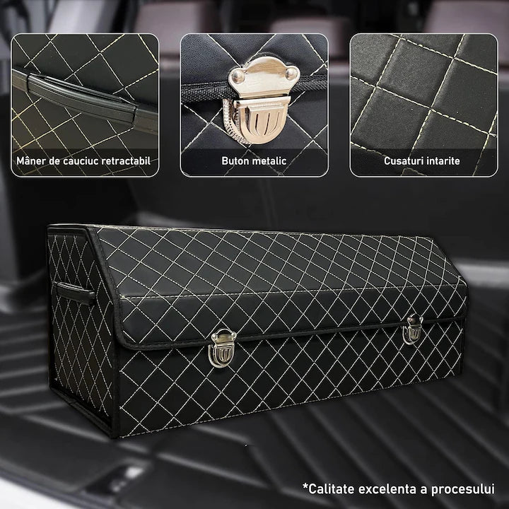 Organizator portbagaj auto Premium NextWave®️, Multifunctional, Pliabil, Rezistent, Manere Laterale, Prindere cu catarame, 3 compartimente mari, 75x31x30 cm, alb negru