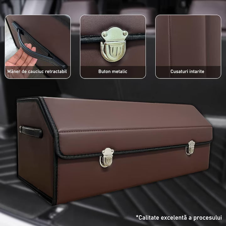 Organizator portbagaj auto Premium NextWave®️, Multifunctional, Pliabil, Rezistent, Manere Laterale, Prindere cu catarame, 3 compartimente mari, 75x31x30 cm, Maro