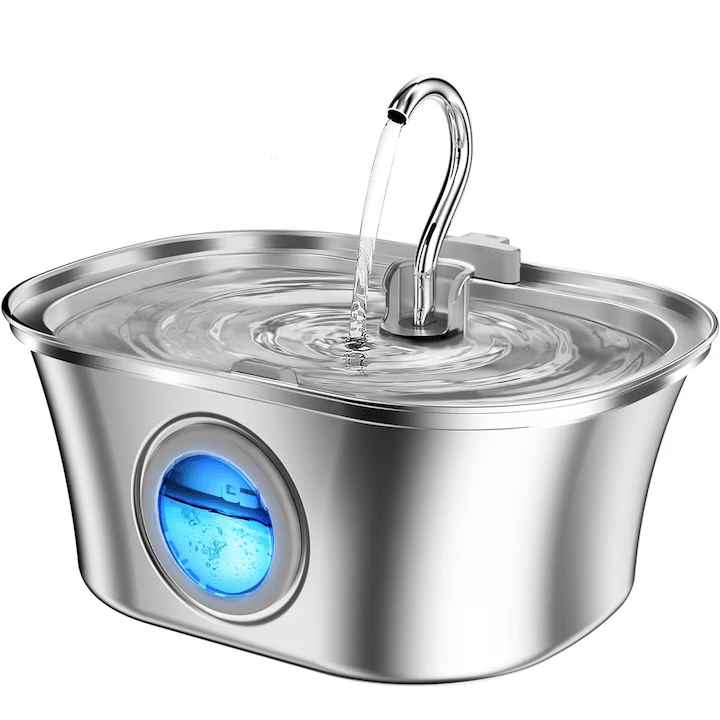 Dispenser apa automat tip fantana pentru pisici si caini, cu fereastra mare pentru nivelul apei, purificare si filtrare prin carbune activ, otel inoxidabil 304, ultra-silentiosa, USB, adaptor priza, capacitate 3.2L, Argintiu