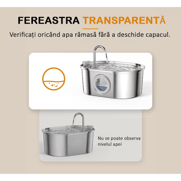 Dispenser apa automat tip fantana pentru pisici si caini, cu fereastra mare pentru nivelul apei, purificare si filtrare prin carbune activ, otel inoxidabil 304, ultra-silentiosa, USB, adaptor priza, capacitate 3.2L, Argintiu