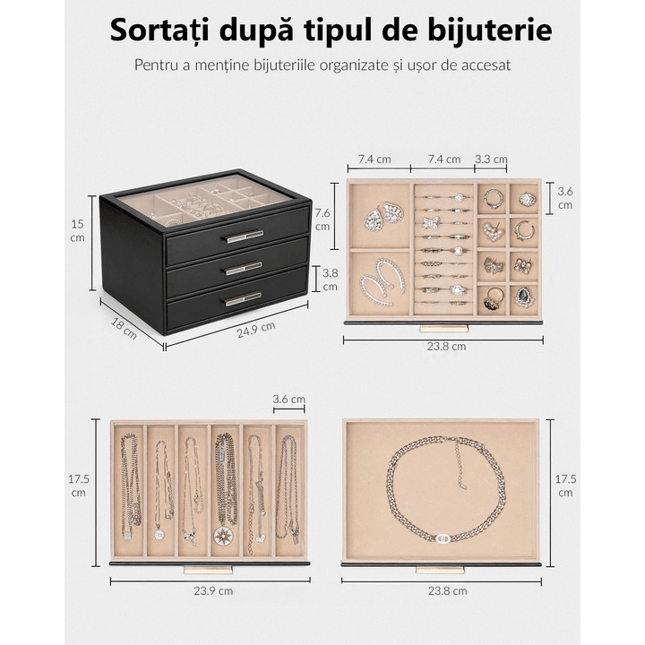 Cutie de bijuterii, organizator cu capac transparent, spatiu de depozitare 3 sertare pentru coliere, inele, cercei, lantisoare, bratari, interior catifelat, compartimentare multipla, piele ecologica neagra, 25 x 18 x 15 cm