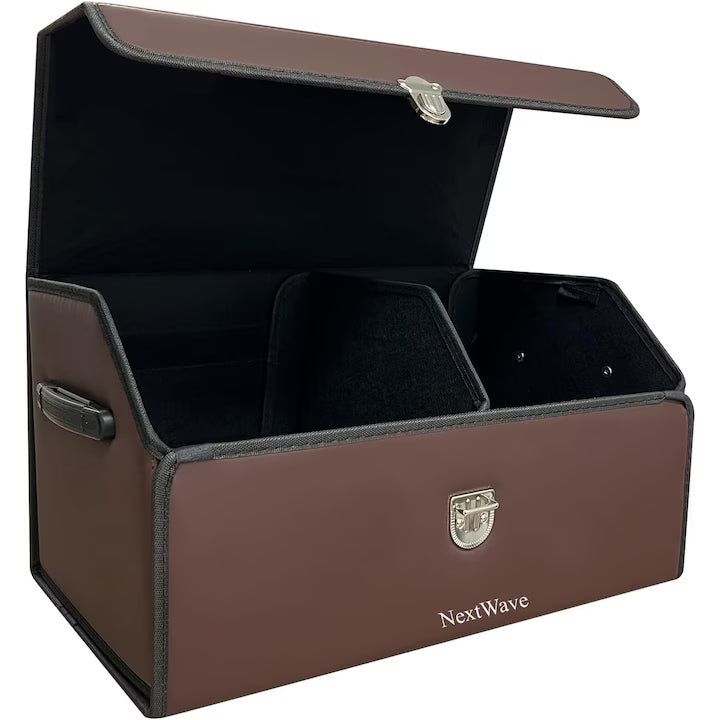Organizator portbagaj auto Premium NextWave®️, Multifunctional, Pliabil, Rezistent, Manere Laterale, Prindere cu catarame, 2 compartimente mari, 53x31x30 cm, Maro